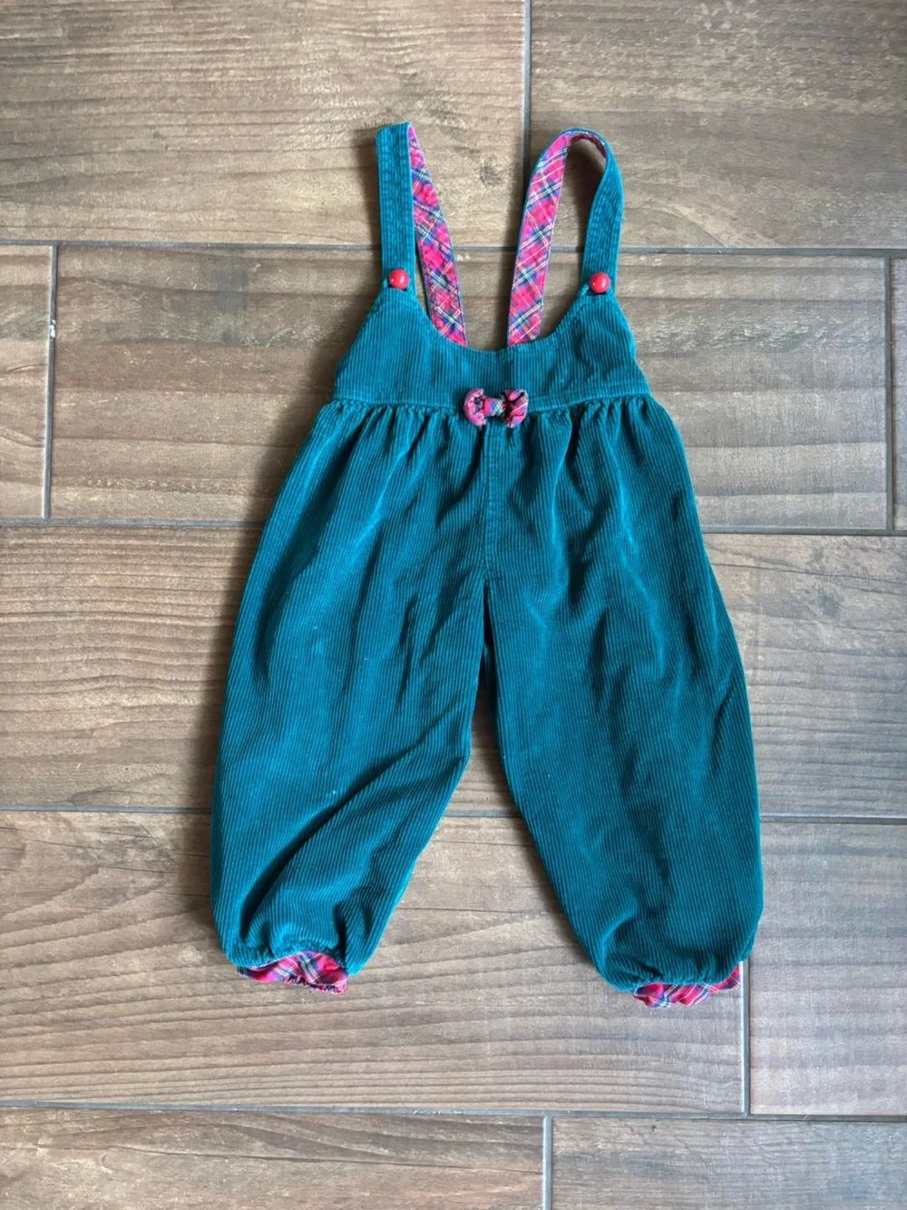 Vintage Kids Teal Corduroy Overalls Romper Plaid Trim Red Buttons 80s 90s